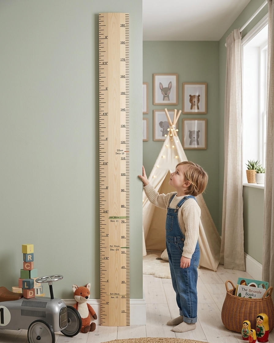 Child standing next to a large wooden ruler in a room with toys and decor.