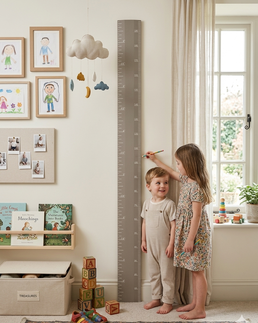 Children measuring themselves against a growth chart in a room with books and toys.