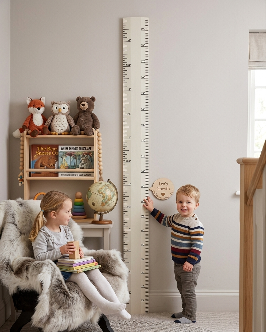 Children measuring themselves against a growth chart in a room with toys and books.