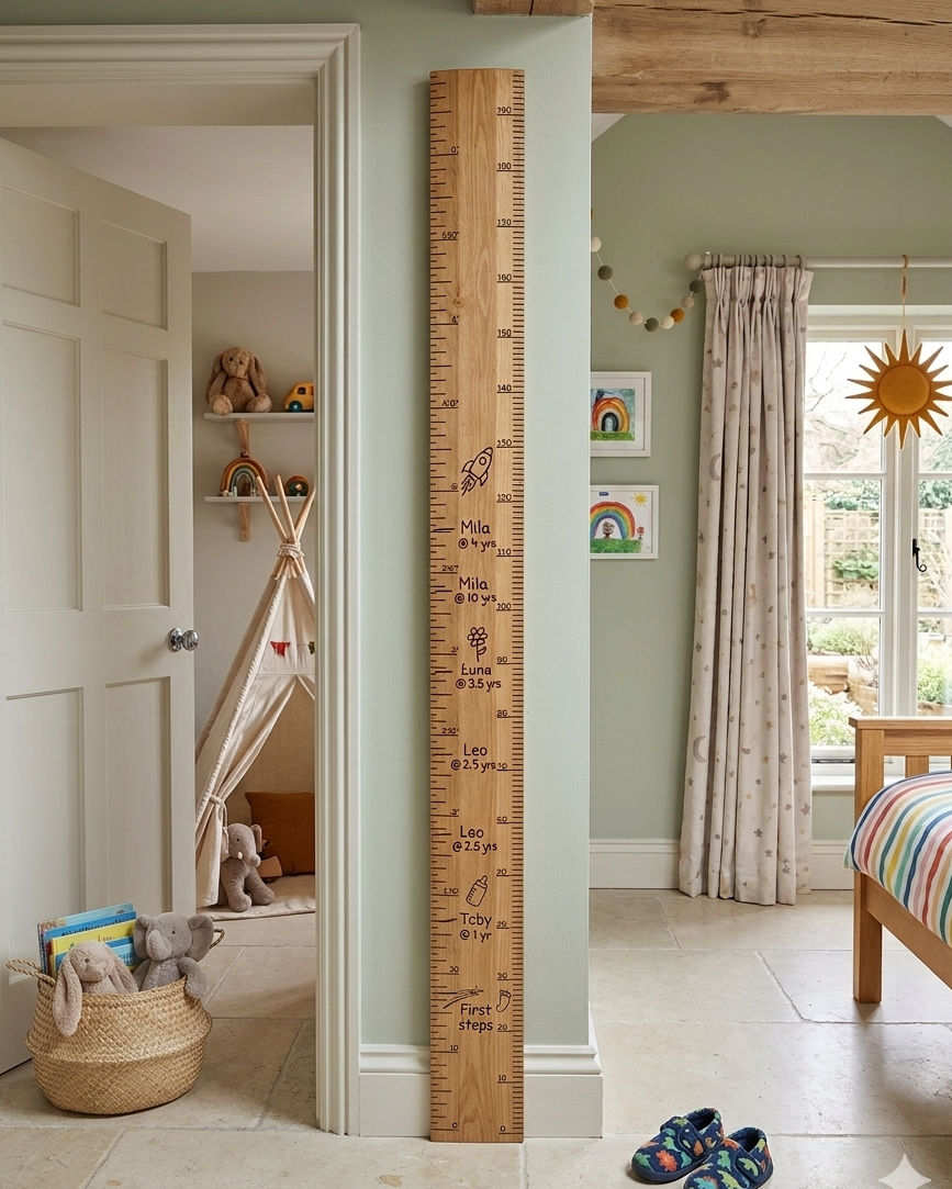 Wooden growth chart on a wall in a child's room with toys and furniture.