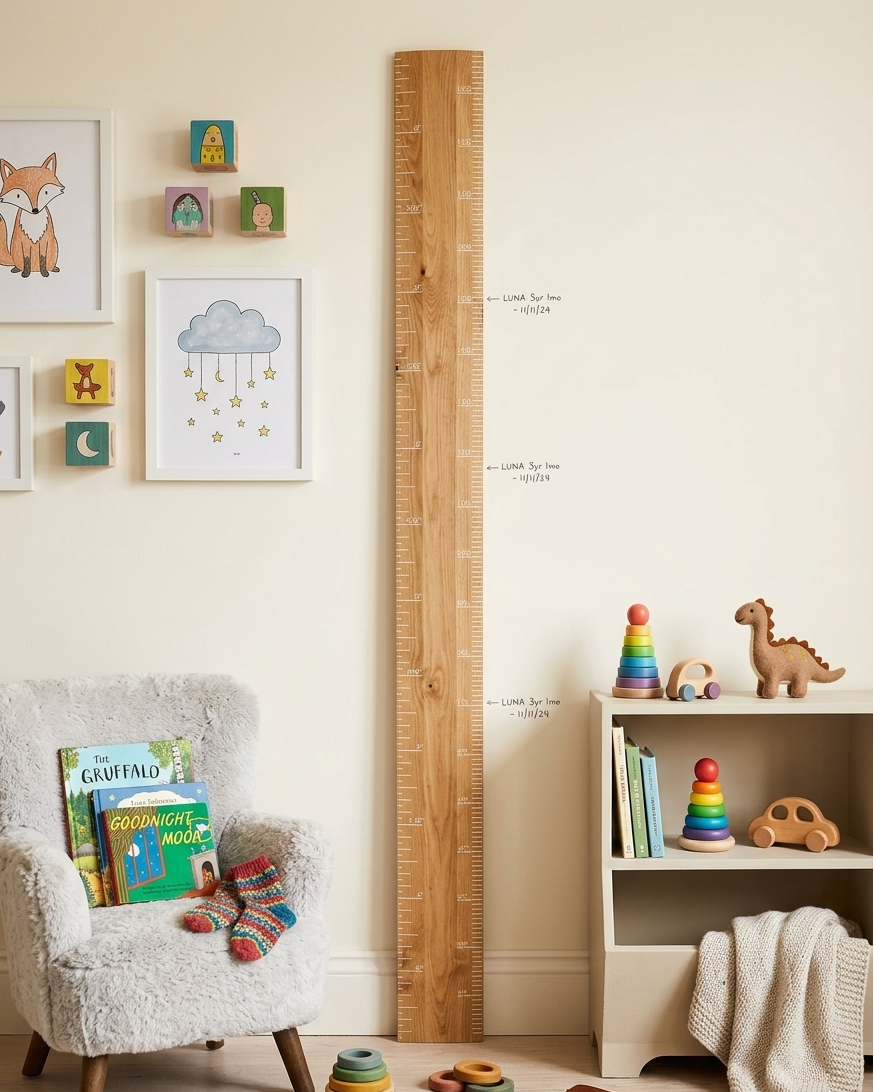 Wooden growth chart in a child's room with books, toys, and wall art.