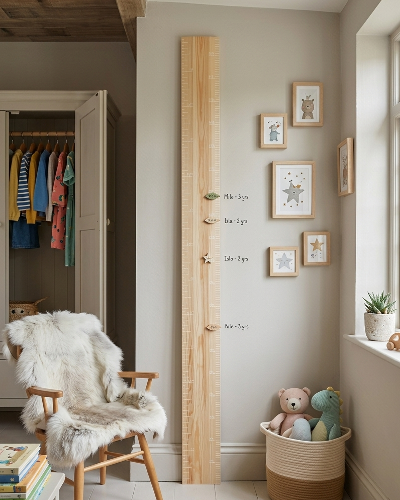 Nursery room with wooden height chart, toys, and children's clothes.