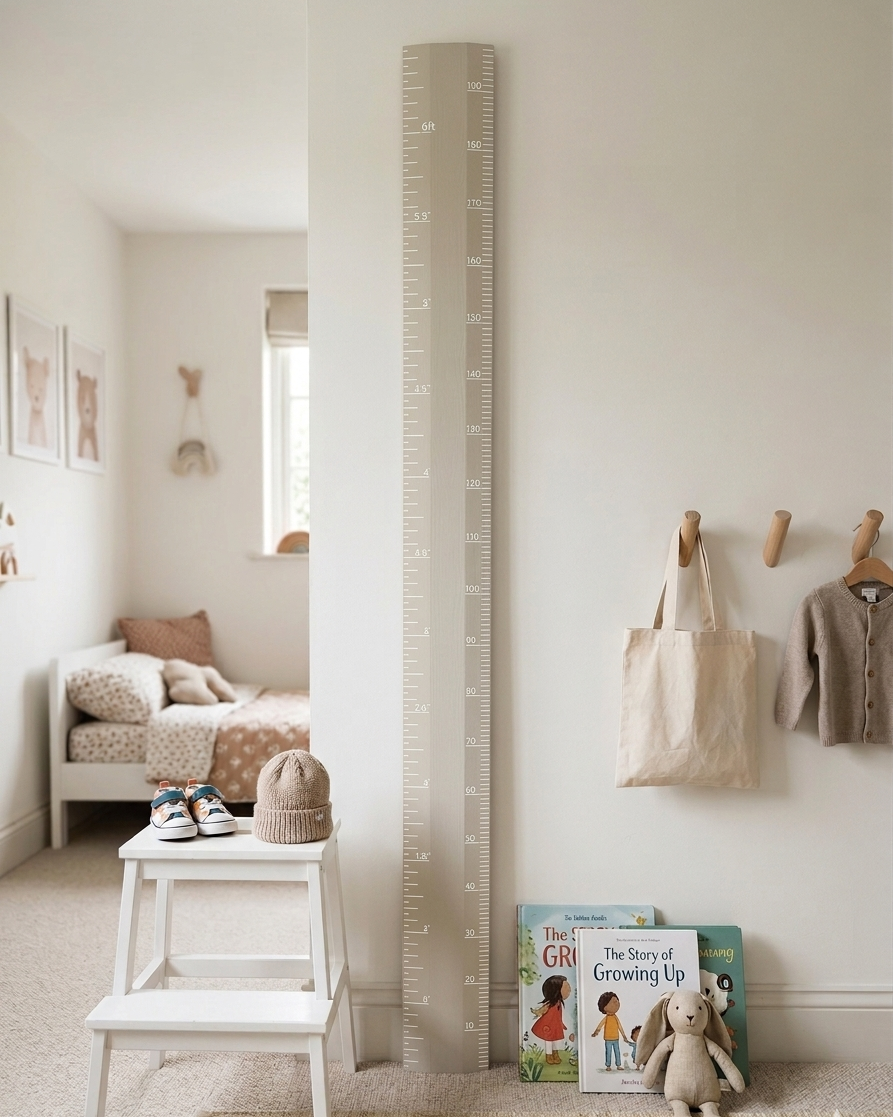 Nursery room with height chart, books, and toys on a white wall.